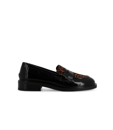 Mocassini donna in vernice morbida nero e camoscio leopardo r45040