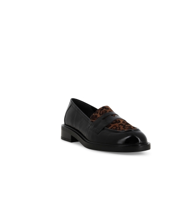 Mocassini donna in vernice morbida nero e camoscio leopardo r45040